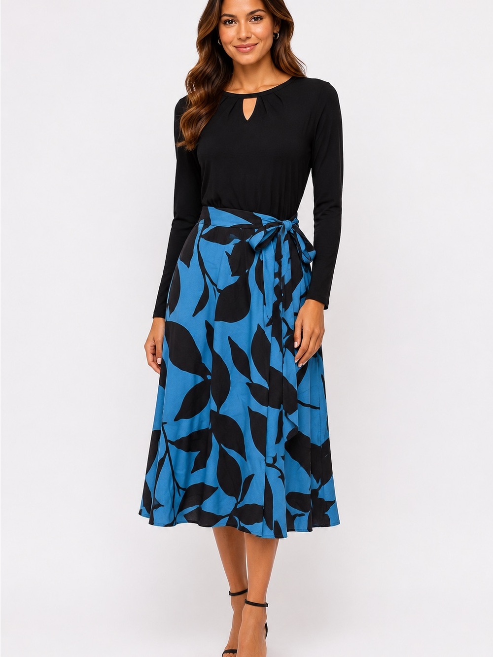 Blue Leaf-Print Midi Skirt with Self-Tie Waist